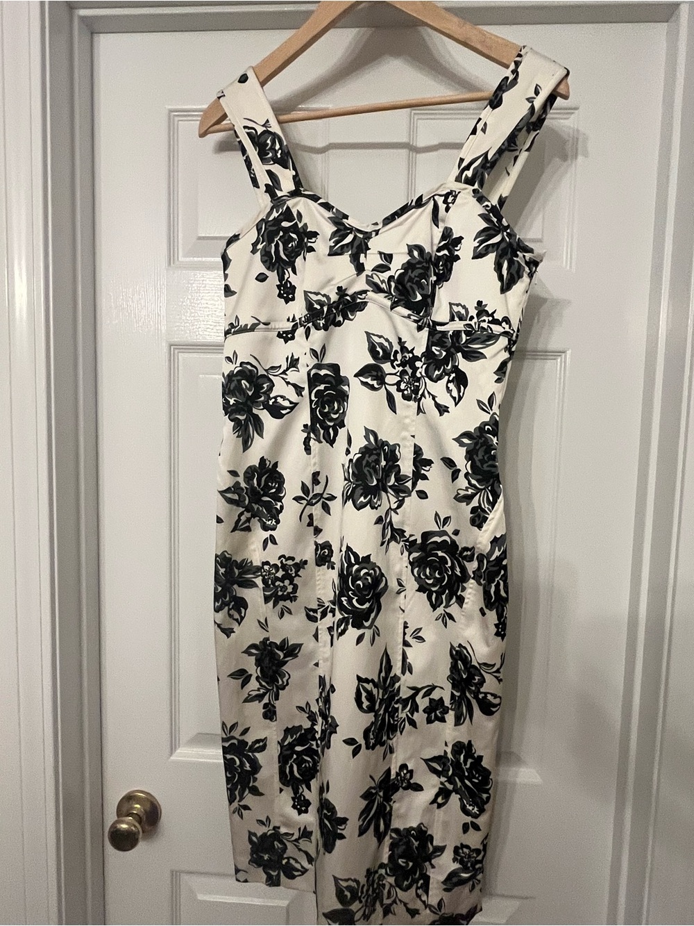 next Ivory Midi Dress with Black Floral Pattern